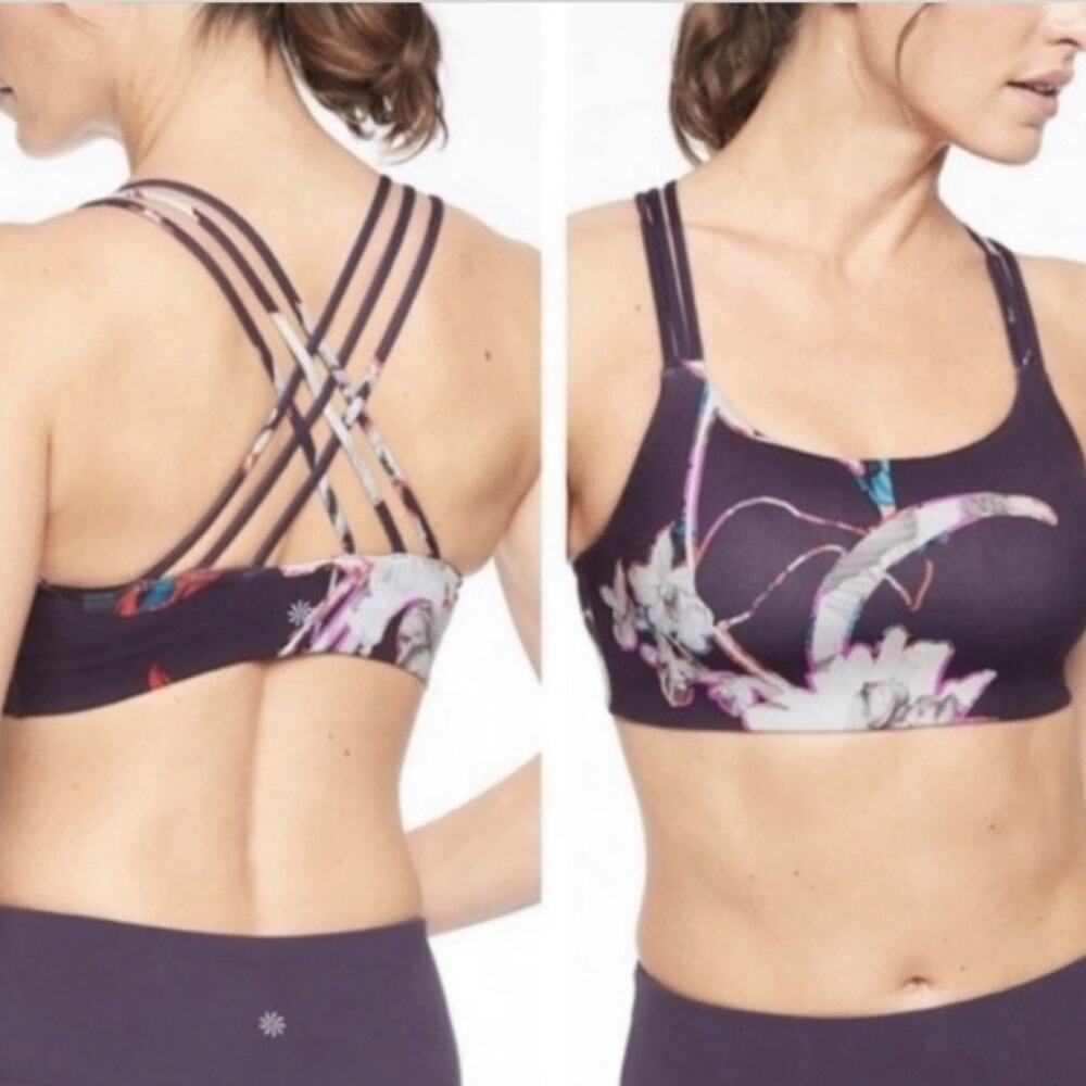 Athleta Hyper Focused Purple Floral Bra Strappy Back Padded Size Medium